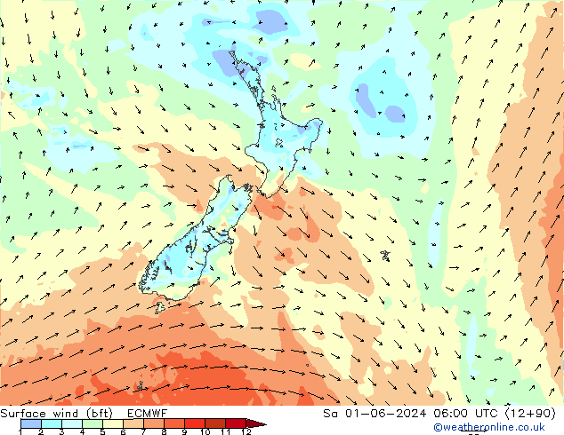 Rüzgar 10 m (bft) ECMWF Cts 01.06.2024 06 UTC