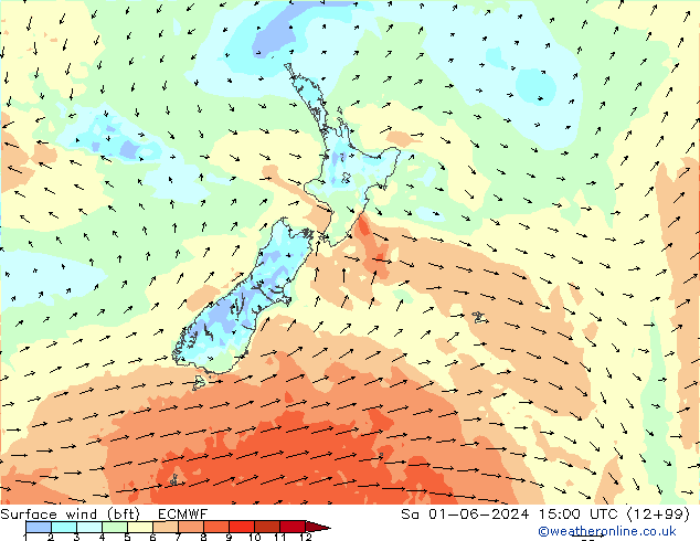 Vent 10 m (bft) ECMWF sam 01.06.2024 15 UTC