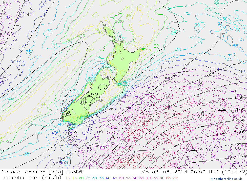 Isotachen (km/h) ECMWF ma 03.06.2024 00 UTC