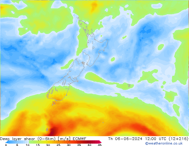 Deep layer shear (0-6km) ECMWF Do 06.06.2024 12 UTC