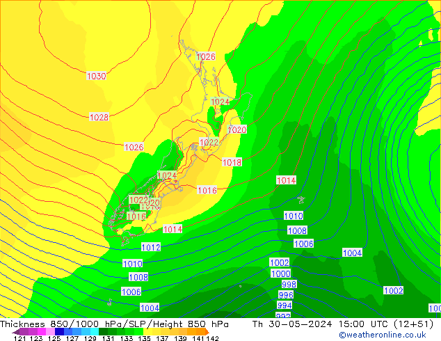 Thck 850-1000 hPa ECMWF czw. 30.05.2024 15 UTC