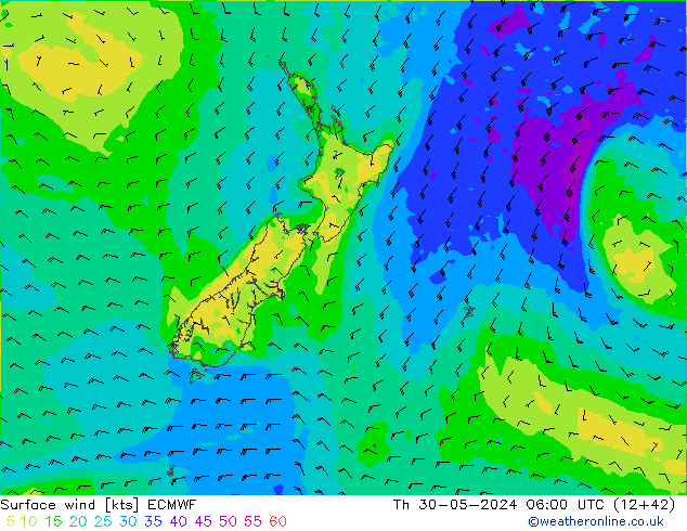 wiatr 10 m ECMWF czw. 30.05.2024 06 UTC