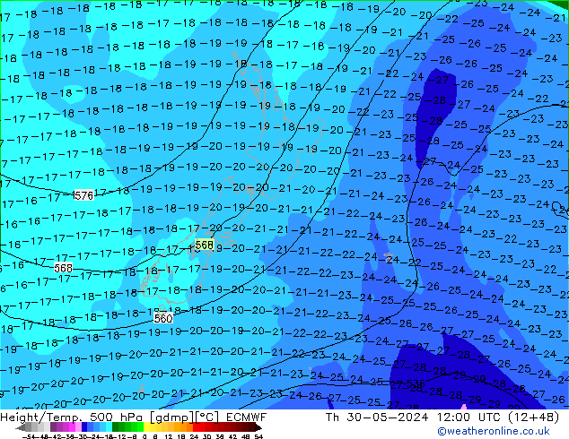 Z500/Rain (+SLP)/Z850 ECMWF Th 30.05.2024 12 UTC