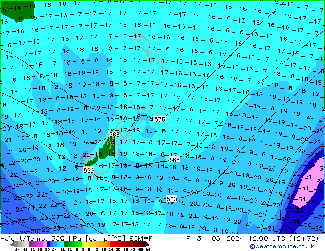 Z500/Rain (+SLP)/Z850 ECMWF Fr 31.05.2024 12 UTC