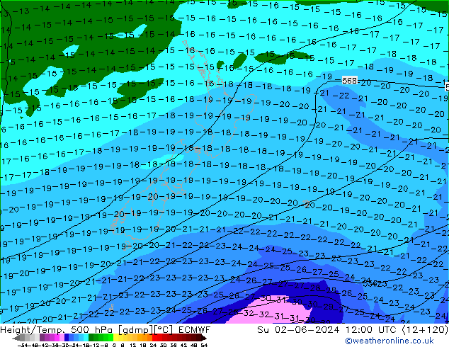 Hoogte/Temp. 500 hPa ECMWF zo 02.06.2024 12 UTC