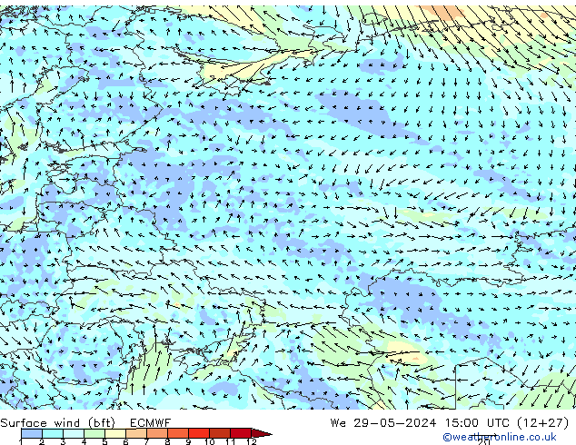 Vento 10 m (bft) ECMWF Qua 29.05.2024 15 UTC