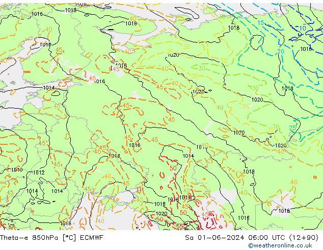 Theta-e 850hPa ECMWF sam 01.06.2024 06 UTC