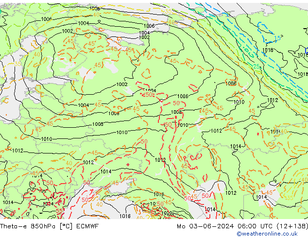 Theta-e 850hPa ECMWF Mo 03.06.2024 06 UTC