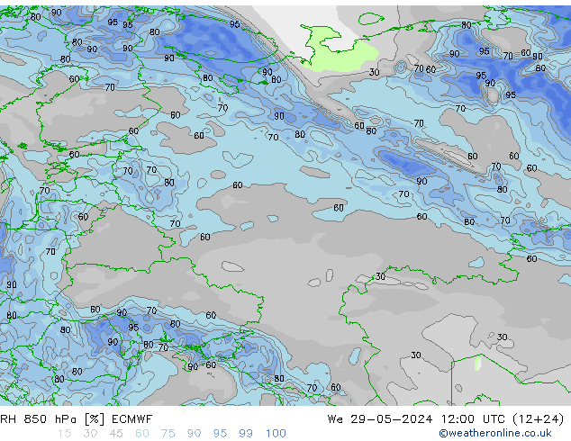 RH 850 hPa ECMWF mer 29.05.2024 12 UTC