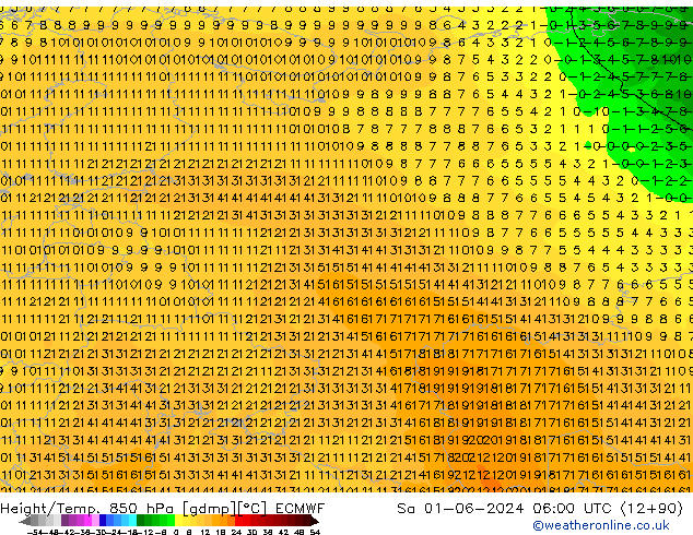 Géop./Temp. 850 hPa ECMWF sam 01.06.2024 06 UTC