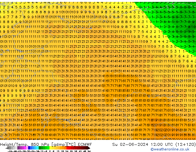 Hoogte/Temp. 850 hPa ECMWF zo 02.06.2024 12 UTC