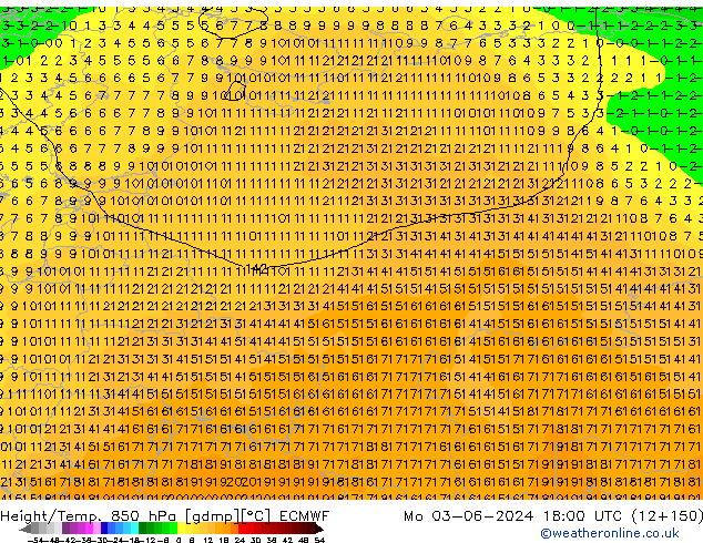 Height/Temp. 850 hPa ECMWF pon. 03.06.2024 18 UTC