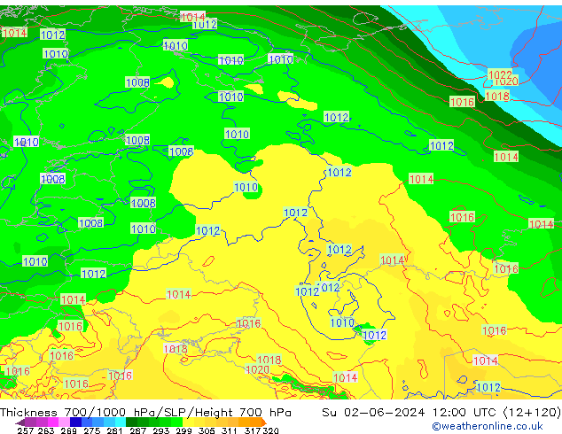 Thck 700-1000 hPa ECMWF  02.06.2024 12 UTC