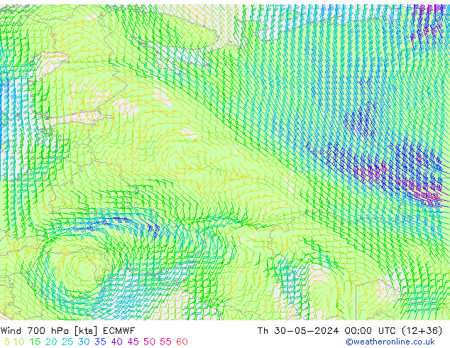 Vento 700 hPa ECMWF Qui 30.05.2024 00 UTC