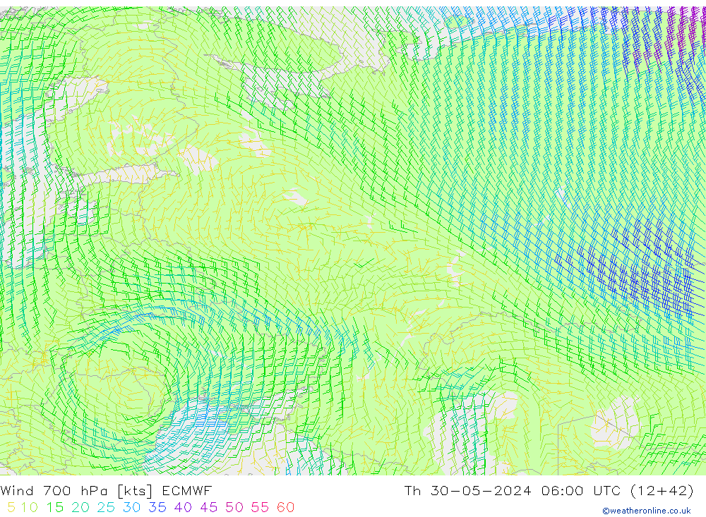 Wind 700 hPa ECMWF Th 30.05.2024 06 UTC
