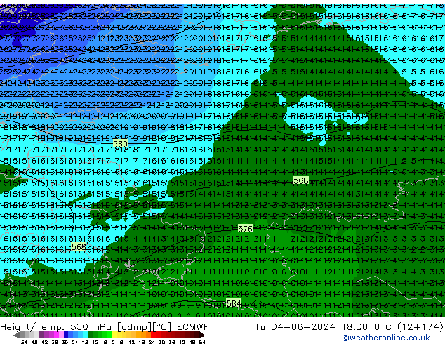 Height/Temp. 500 hPa ECMWF Tu 04.06.2024 18 UTC