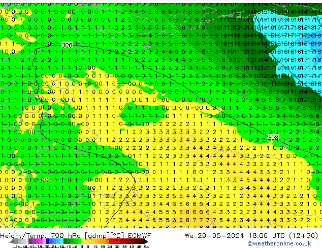 Height/Temp. 700 hPa ECMWF We 29.05.2024 18 UTC