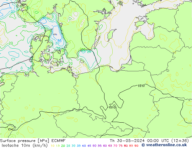Isotachen (km/h) ECMWF do 30.05.2024 00 UTC