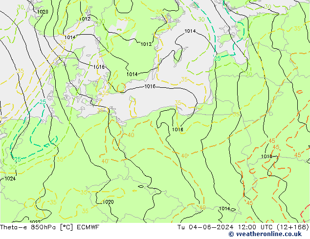 Theta-e 850hPa ECMWF Di 04.06.2024 12 UTC