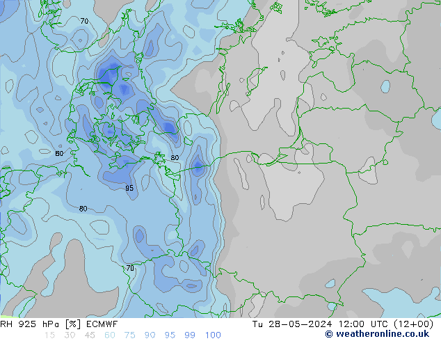 RH 925 hPa ECMWF wto. 28.05.2024 12 UTC