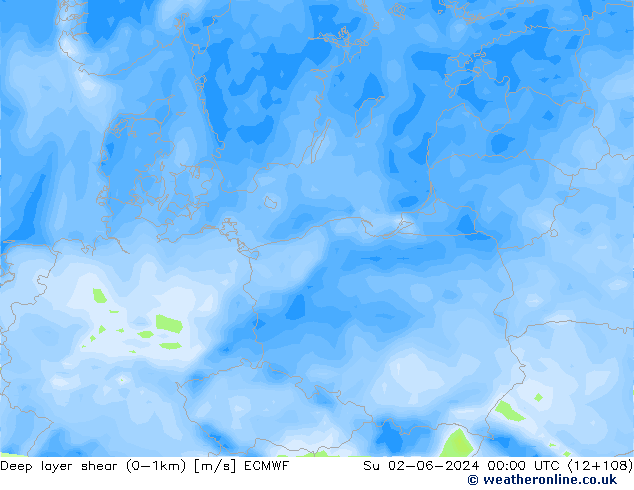 Deep layer shear (0-1km) ECMWF zo 02.06.2024 00 UTC