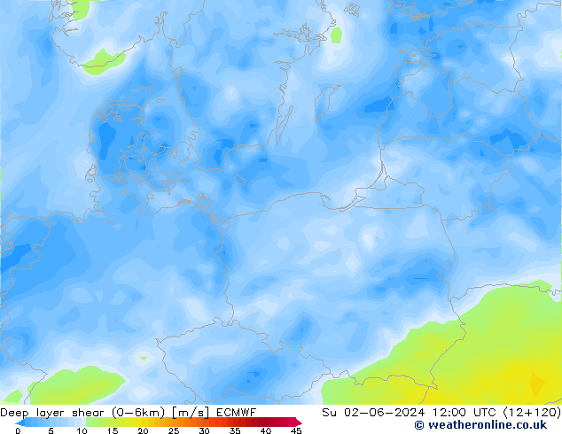 Deep layer shear (0-6km) ECMWF Dom 02.06.2024 12 UTC