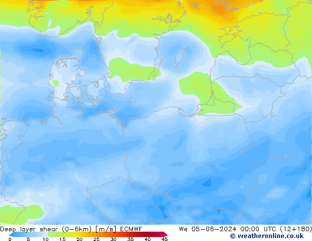 Deep layer shear (0-6km) ECMWF We 05.06.2024 00 UTC