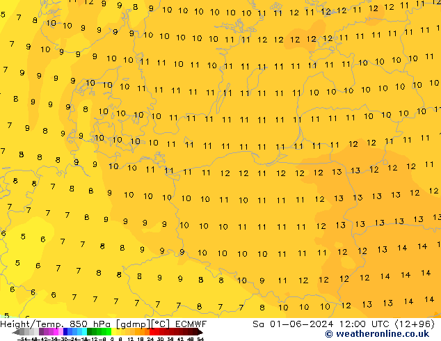 Hoogte/Temp. 850 hPa ECMWF za 01.06.2024 12 UTC