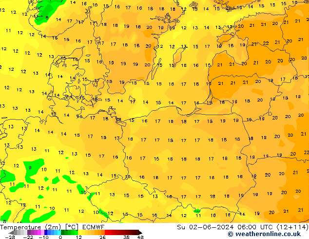 Temperature (2m) ECMWF Su 02.06.2024 06 UTC