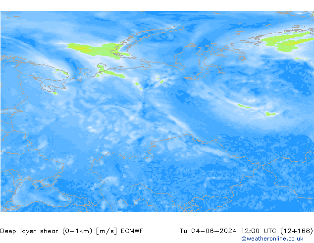 Deep layer shear (0-1km) ECMWF Tu 04.06.2024 12 UTC