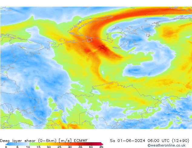 Deep layer shear (0-6km) ECMWF Sa 01.06.2024 06 UTC