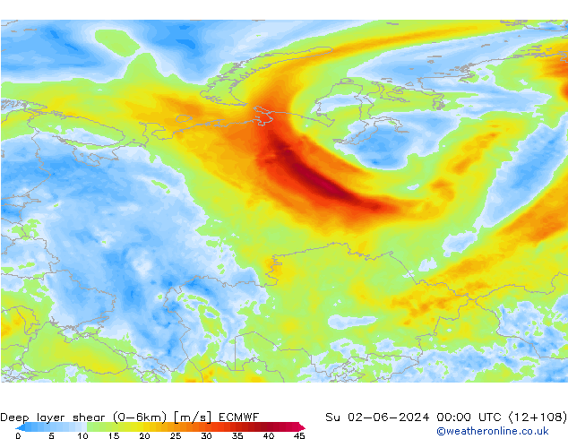 Deep layer shear (0-6km) ECMWF So 02.06.2024 00 UTC