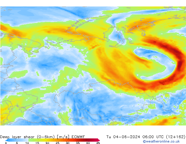 Deep layer shear (0-6km) ECMWF mar 04.06.2024 06 UTC