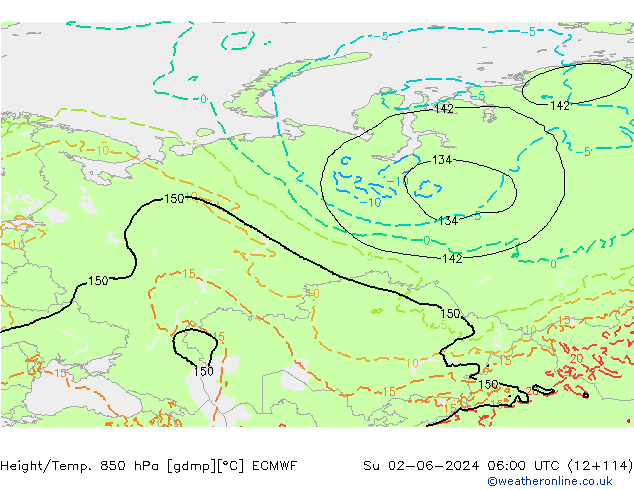 Geop./Temp. 850 hPa ECMWF dom 02.06.2024 06 UTC