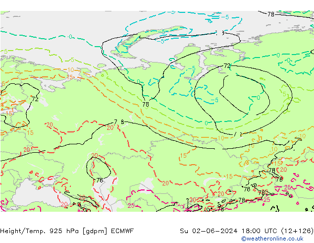 Height/Temp. 925 hPa ECMWF Su 02.06.2024 18 UTC