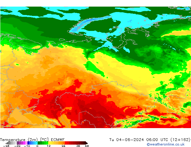 mapa temperatury (2m) ECMWF wto. 04.06.2024 06 UTC