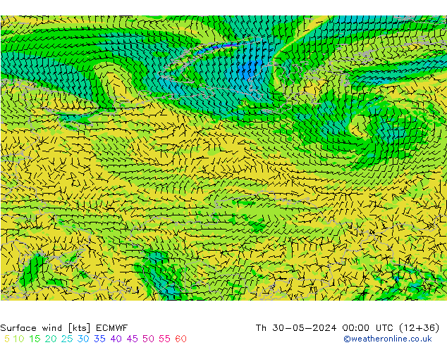 Surface wind ECMWF Čt 30.05.2024 00 UTC