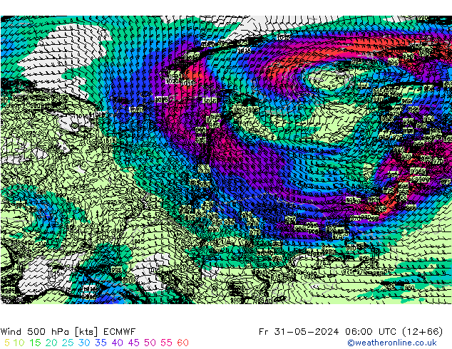 Wind 500 hPa ECMWF Pá 31.05.2024 06 UTC