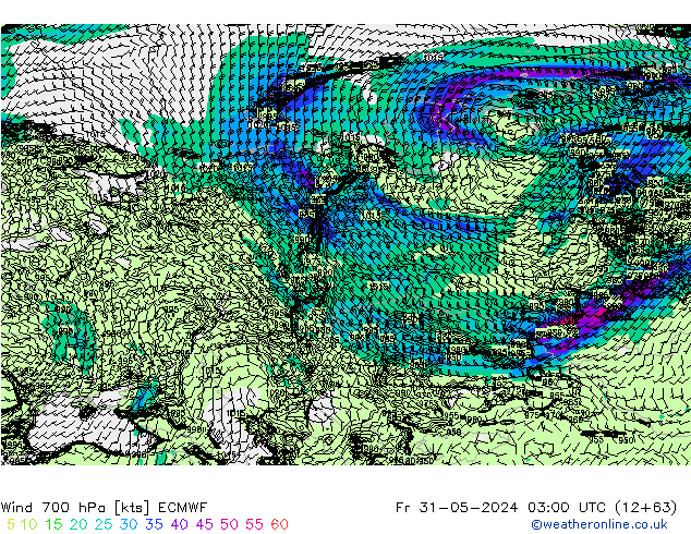 Rüzgar 700 hPa ECMWF Cu 31.05.2024 03 UTC