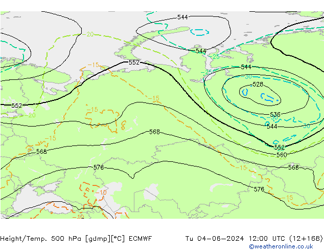 Z500/Rain (+SLP)/Z850 ECMWF Tu 04.06.2024 12 UTC