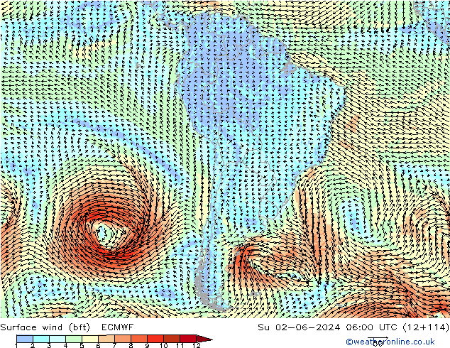 Surface wind (bft) ECMWF Ne 02.06.2024 06 UTC