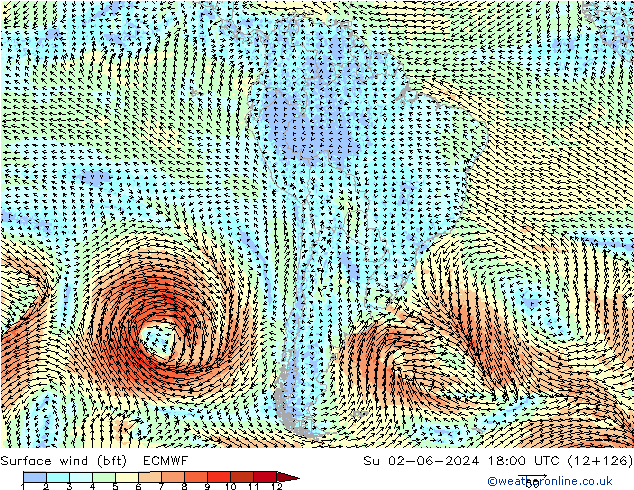 Wind 10 m (bft) ECMWF zo 02.06.2024 18 UTC