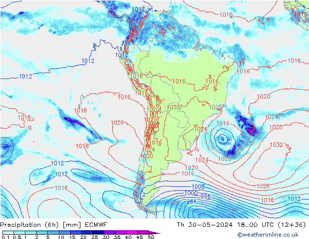 Z500/Rain (+SLP)/Z850 ECMWF Čt 30.05.2024 00 UTC