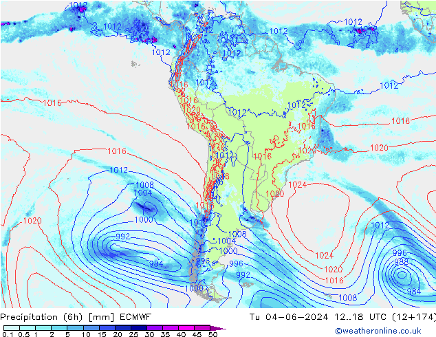 Totale neerslag (6h) ECMWF di 04.06.2024 18 UTC