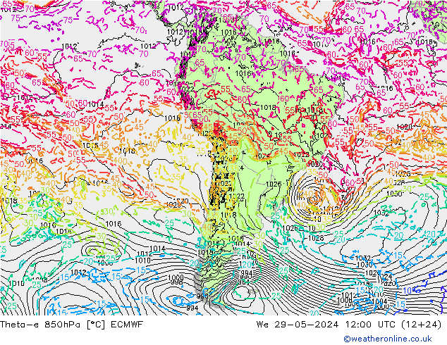 Theta-e 850hPa ECMWF wo 29.05.2024 12 UTC