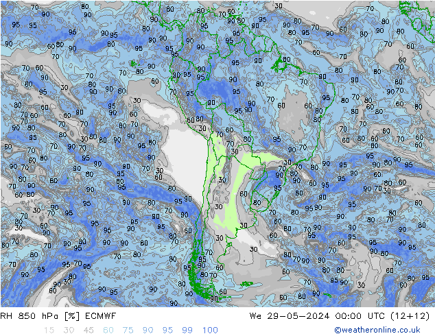 RH 850 hPa ECMWF śro. 29.05.2024 00 UTC