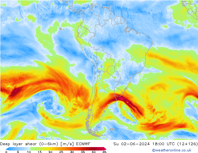 Deep layer shear (0-6km) ECMWF Вс 02.06.2024 18 UTC