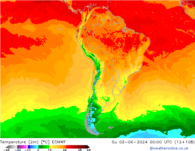 Temperature (2m) ECMWF Su 02.06.2024 00 UTC