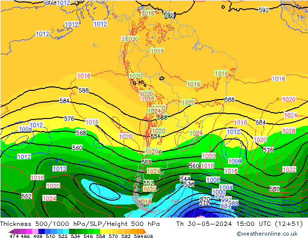 Espesor 500-1000 hPa ECMWF jue 30.05.2024 15 UTC