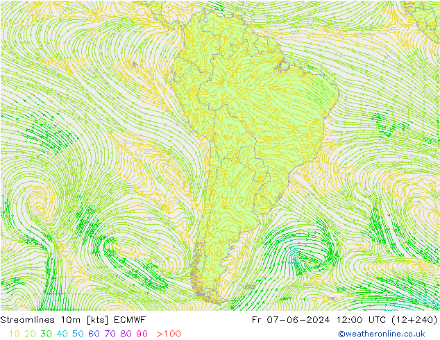Linia prądu 10m ECMWF pt. 07.06.2024 12 UTC